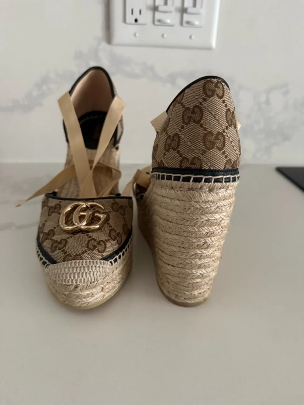 Gucci Brown GG Canvas Wedge Espadrille with Gold Logo